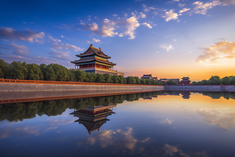 蓝天白云傍黄昏下的古建筑物湖面反射景物图,高清,摄影图,摄影图片,图片大全,摄影图免费下载